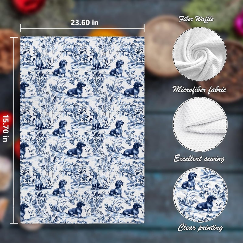 Nipil Chinoiserie Dachshund Kitchen Towels Set of 3, Blue and White Floral Botanical Dachshund Decorative Dish Tea Towels, Grandmillennial Weiner Dog Hand Towels for Kitchen Bathroom, 16x24 Inch - Image 2